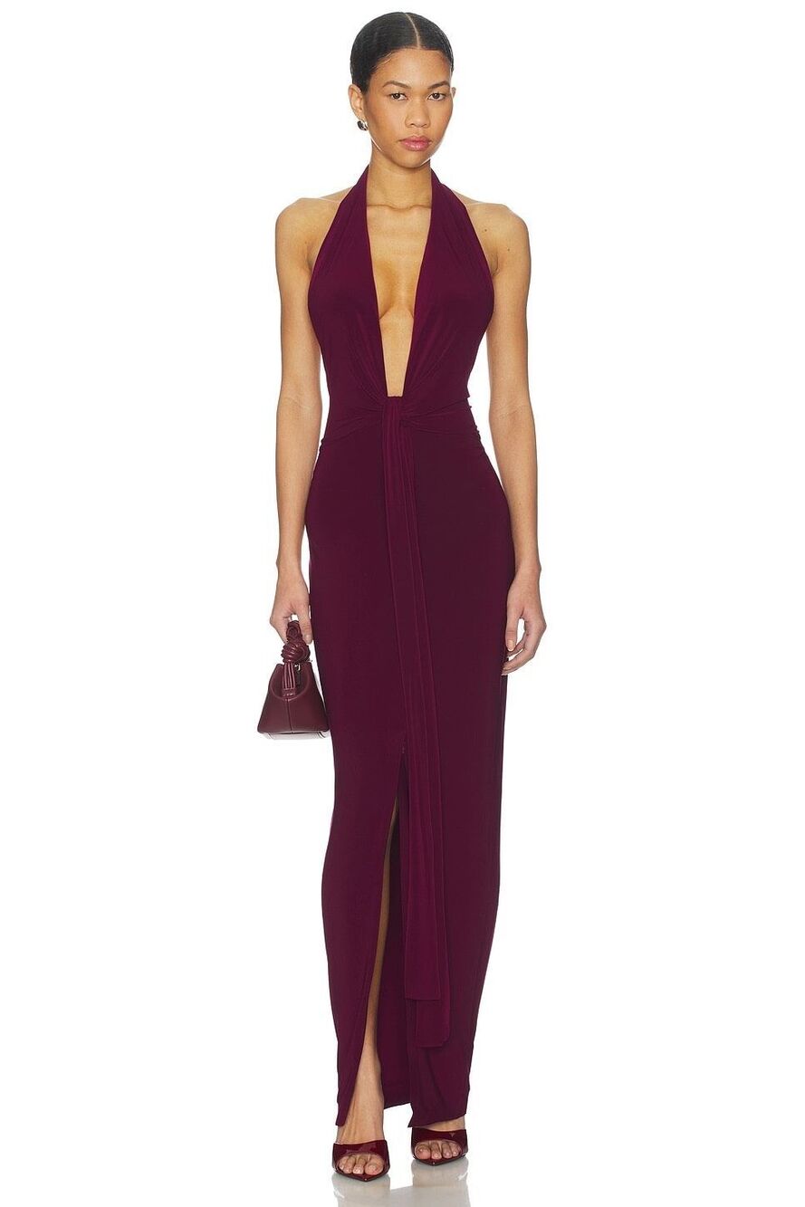 NORMA KAMALI x REVOLVE Tie Front Halter Gown in Plum Size Small $275